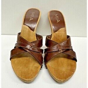 MIA women size 8M brown leather wooden platform open toe heel slip on sandal
